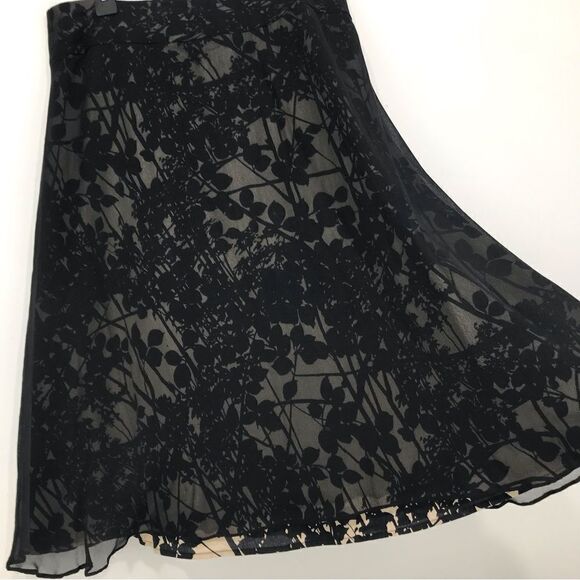 Tweeds 100% Silk Black Tan Botanical Semi Sheer Overlay A Line Skirt - Picture 1 of 13
